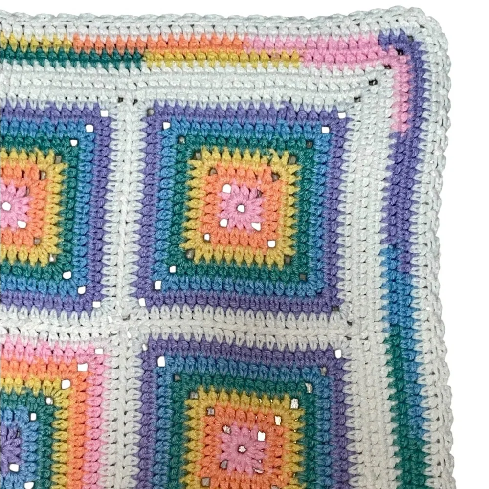Vintage 70s  Square Granny Afghan Crochet Baby, Chair Blanket  35.5 Inches